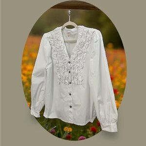 POL Ruffled Balloon Sleeve Button Down Blouse. Crisp White. 100%Cotton. Large